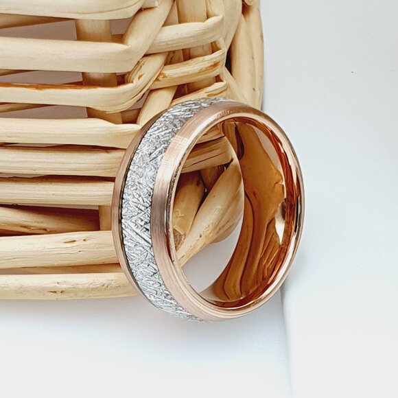 Meteorite Inlay Rose Gold Tungsten Band, GALTUN625 - Picture 4 of 5